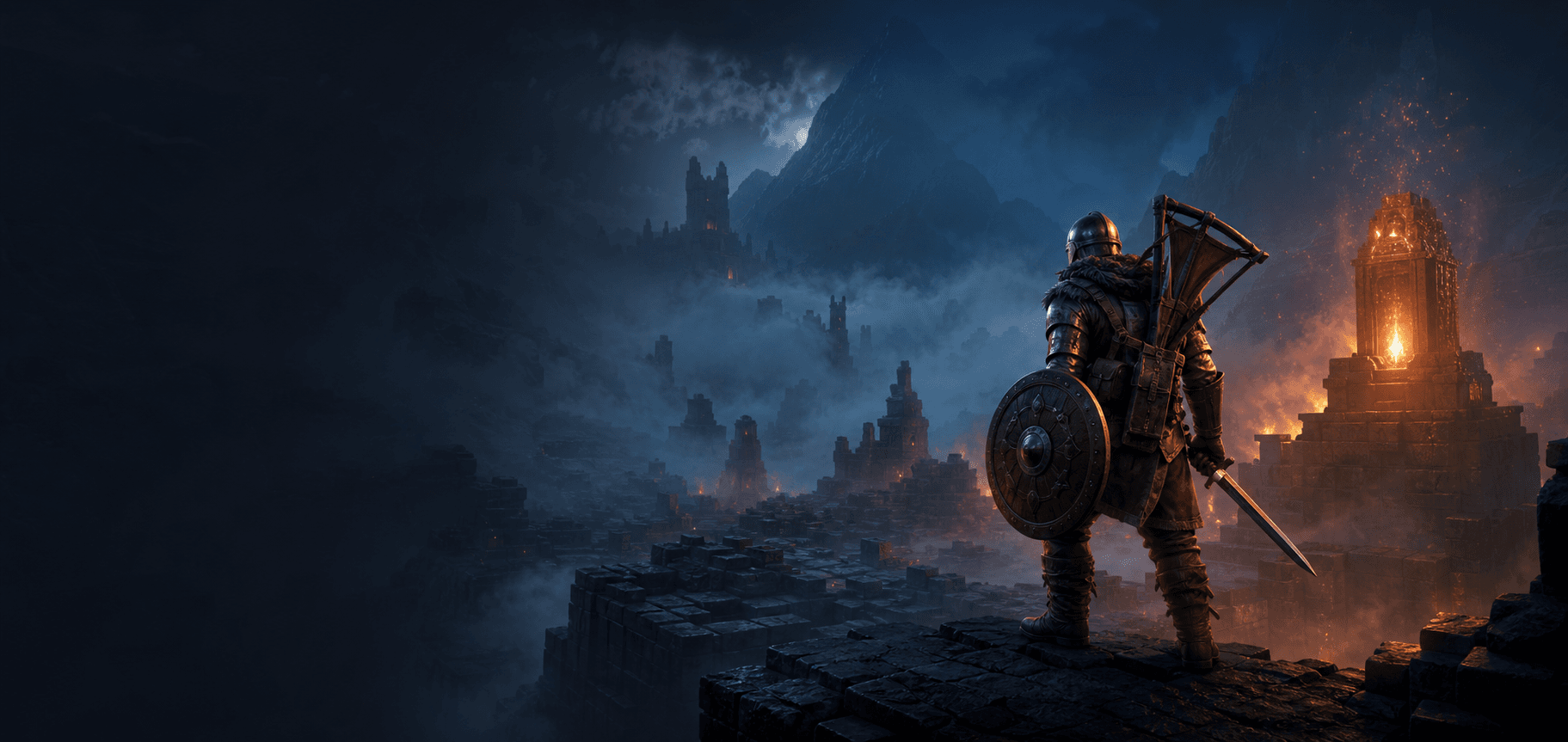 A Flameborn adventurer overlooking the mist-covered ruins of Embervale